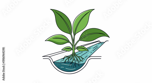 Plant with exposed roots growing in flowing water in a channel