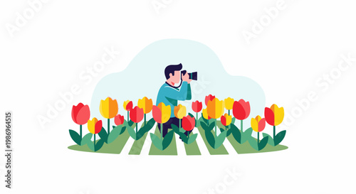 Photographer in a field of red and yellow tulips captures the beauty of nature