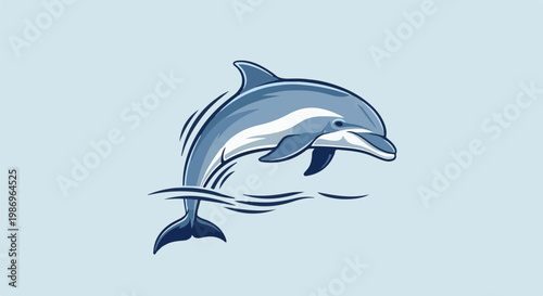 Playful blue dolphin leaps from stylized ocean waves on soft blue background