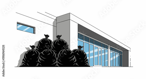 Pile of black trash bags outside a modern building with large windows