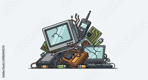 Pile of broken electronics a computer, laptop, phone, and circuit boards