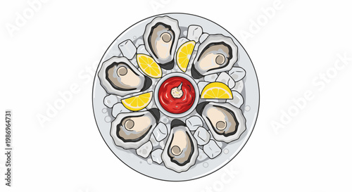 Plate of fresh oysters, lemon wedges, and cocktail sauce on ice