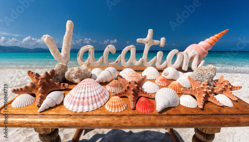 holiday-themed backdrop. sea shells on the beach