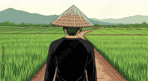 Person in conical hat walks on path through lush green rice fields to mountains