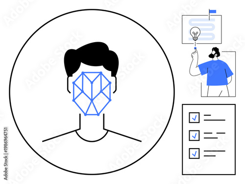 Biometrics, identity verification, task automation, innovation, technology, planning, efficiency. Face with geometric lines person holding lightbulb sign checklist. Biometrics and identity