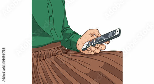 Person in green shirt and brown skirt holding a smartphone