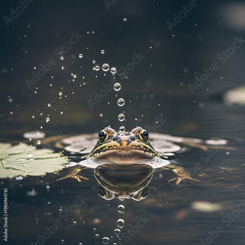 Frog Peeking Out of Water Surface.