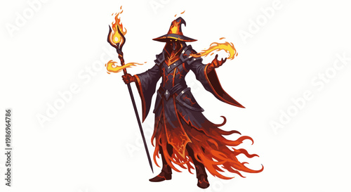 Pixelated figure of a wizard conjuring fire with a staff