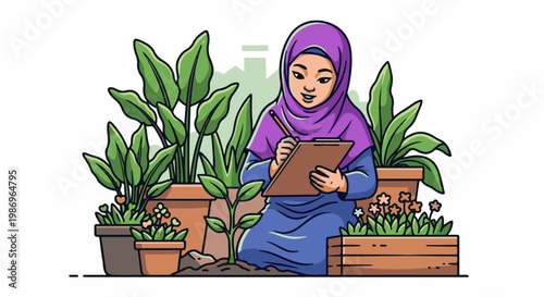 Person in hijab diligently records plant observations amidst lush greenery