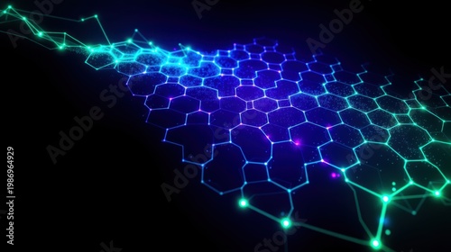 Abstract network glows, vibrant purple, turquoise lines connect points. Futuristic digital design, dark background emphasizes luminosity.