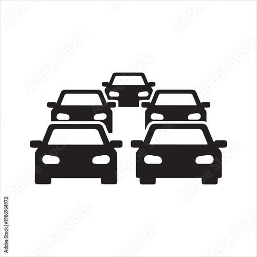 Black and white silhouette illustration of multiple vehicles stuck in urban traffic jam on a busy road