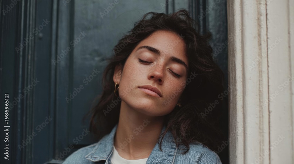 Fototapeta premium Portrait of a young woman with her eyes closed and her head resting on a window sill. she has shoulder-length dark hair and is wearing a denim jacket over a white t-shirt.