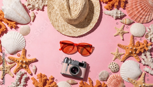 background with seashells and starfish. beach accessories