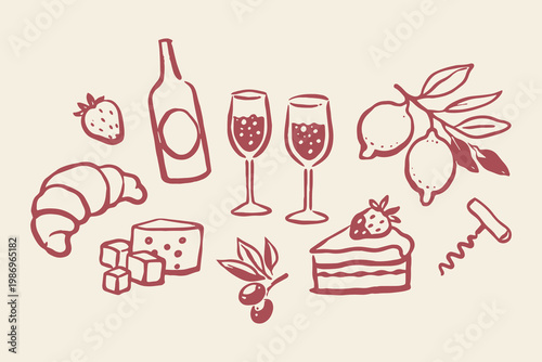 Wine and snacks set naive doodle vector illustration