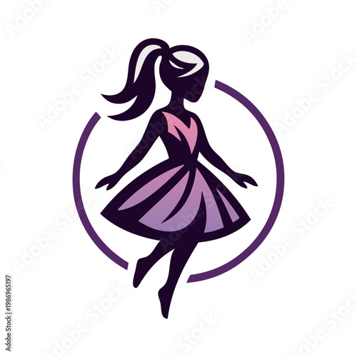 Logotipo de boutique de moda femenina. Dibujo minimalista con una chica andando con un peinado de cola de caballo con un vestido en círculo 
