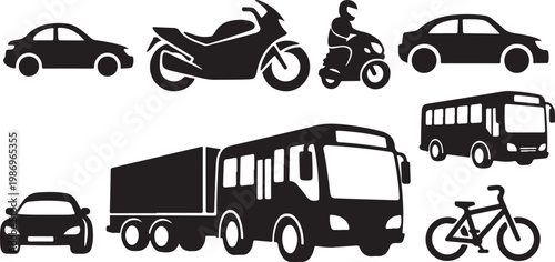Various Transportation Vehicles Silhouettes in Black and White