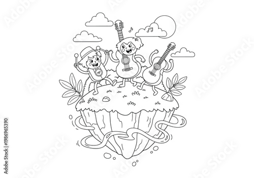 Cartoon children playing musical instruments on a floating island, coloring book page for kids, boy with drums and girls with guitars, black and white line art