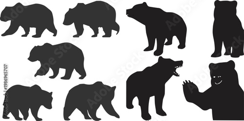 Bear silhouettes collection, walking bear, standing bear, roaring bear, upright bear, waving bear, wildlife vector, animal poses, flat vector illustration