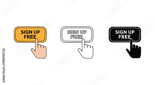 Sign up free button icons with hand cursor in different colors and styles