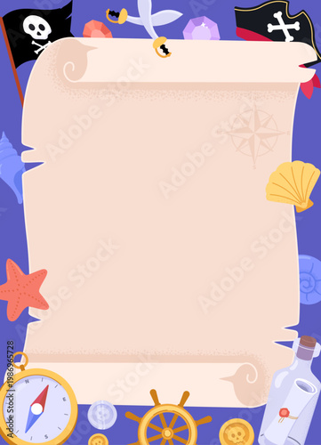 Pirate treasure map scroll blank template with nautical elements compass ship wheel flags seashells starfish adventure background frame border invitation card design illustration