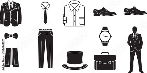 Men's Formal Wear and Business Attire Fashion Icon Set