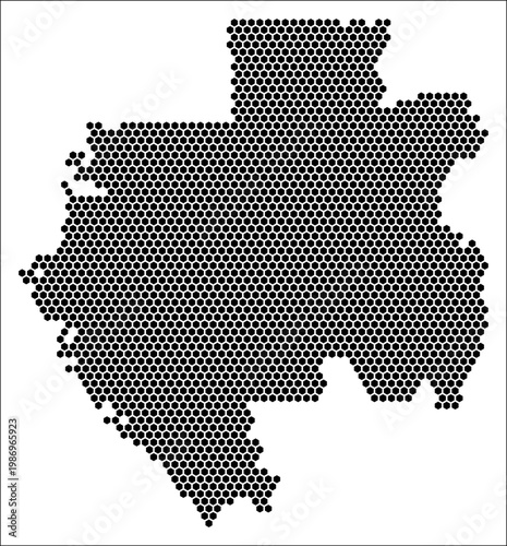 Gabon hexagon map. Plain black and white dotted shape template. Country tiny hexagon cells. Gabon flat honeycomb template. Vector Illustration.