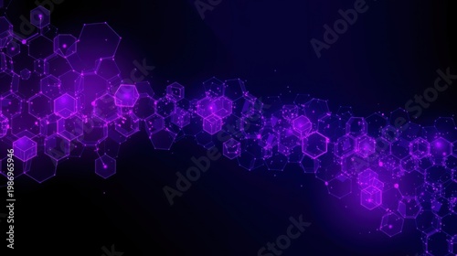 Abstract purple hexagons form flowing pattern. Bright light emanates from center, creating futuristic vibe. Dark background enhances visual impact.