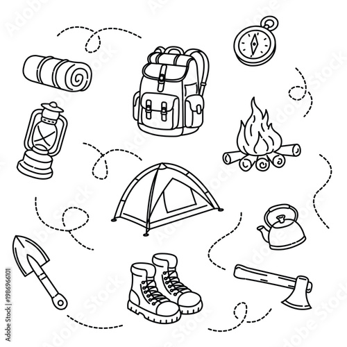 Doodle art camping hiking vector icon illustration isolated