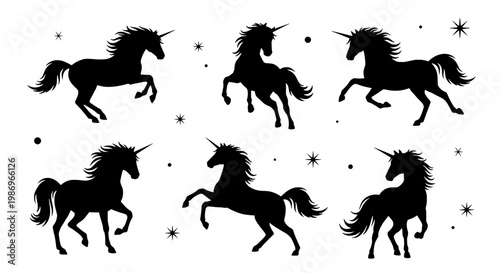 Unicorn silhouette icons with whimsical stars and sparkles pattern for fantasy themed backgrounds and invitations