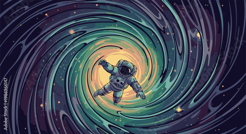 Pixel art astronaut caught in a swirling cosmic vortex, bathed in yellow light