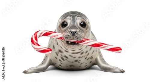 A cute seal holding a large candy cane in its mouth