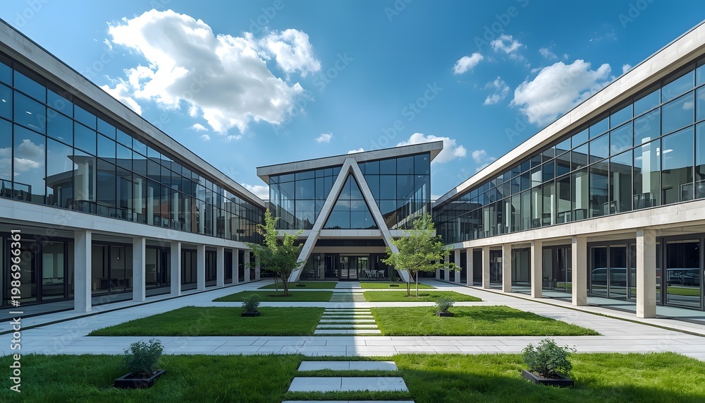 Naklejka premium A modern architectural complex features a courtyard with lush green grass and geometric design
