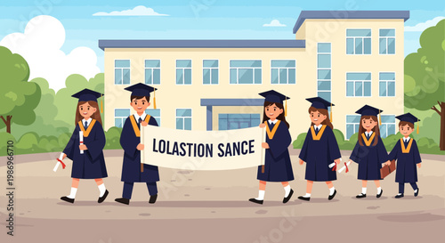 Students in graduation gowns march with a banner outside a school building in the afternoon