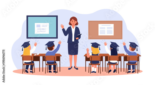 Teacher interacts with students in classroom during graduation ceremony in the morning