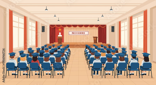 Graduation ceremony in a large hall with many students seated and waiting for the event to begin