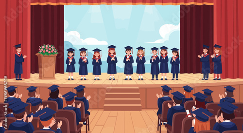 Graduation ceremony takes place in school auditorium with students on stage celebrating their achievements together