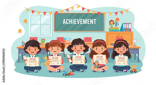 Children celebrate achievement with diplomas in a classroom setting during a festive occasion