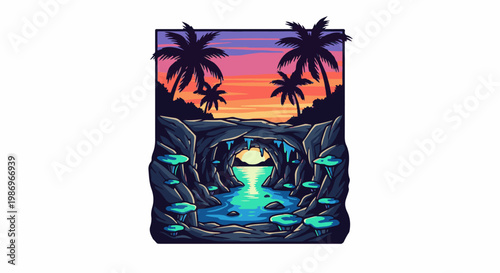 Pixel art cave entrance with tropical sunset and glowing flora