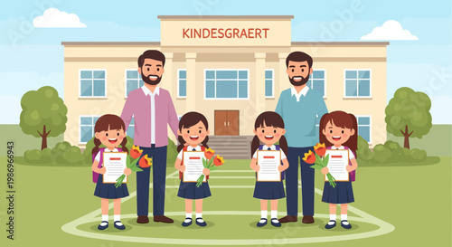 Students and teachers celebrate achievements outside of Kindesgraert school with certificates and flowers