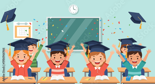 Children celebrate graduation in classroom with joyful faces and caps in the air during school event in bright setting