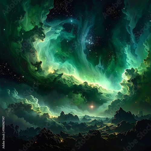 A vibrant, cosmic landscape with swirling green clouds