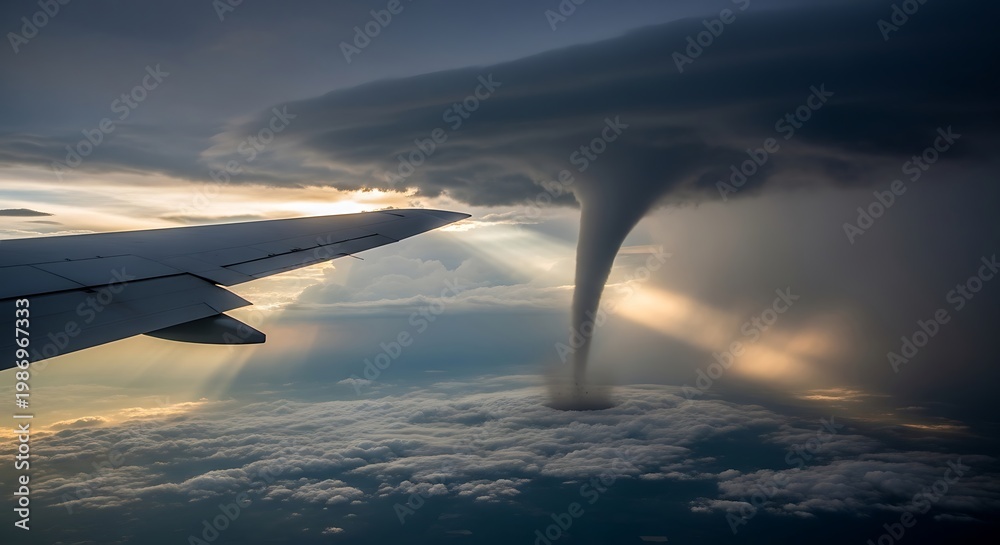 Fototapeta premium Tornado from airplane window view outside.