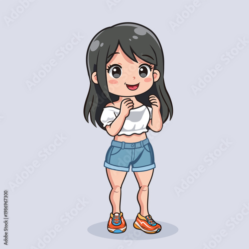 Cute Chubby Girl Cartoon Character, Kawaii Style Happy Child Illustration, Full Body Cute Kid Mascot Design