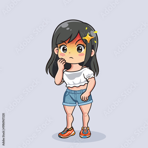 Cute Chubby surprised Girl Cartoon Character, Kawaii Style Annoyed Kid Expression, Adorable Child Mascot Illustration
