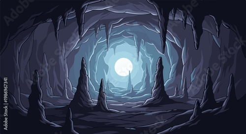 Pixel art cave interior with moonlit stalactites, stalagmites, and rocky ground