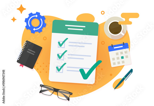 Survey checklist exam form vector on work desk table top view modern minimal cartoon graphic illustration, test questionnaire check list passed document, education study concept, task management 