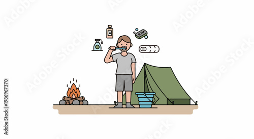 Person brushes teeth near tent and campfire, surrounded by camping supplies