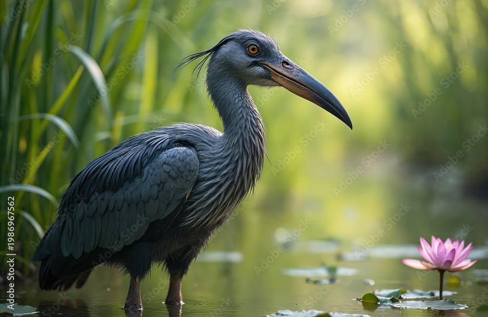 Obraz premium A large grey shoebill bird with a massive curved beak stands in shallow green water amidst reeds. A single pink water lily floats nearby. The wild bird looks around its wetland habitat.
