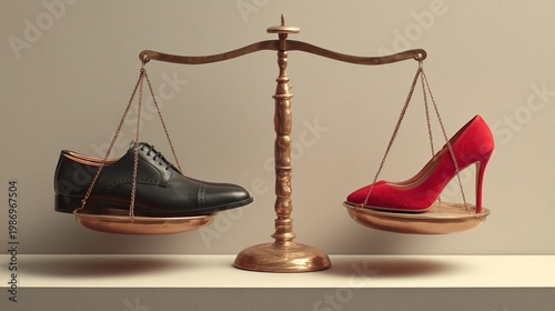 Brass scales in a courtroom setting weighing a classic leather shoe against a red high heel. Concept of anti-discrimination laws, corporate justice, and equal rights.