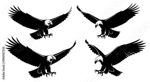 Eagle wings logo icon set with detailed black wings and beaks for strong flight brand identity and emblems